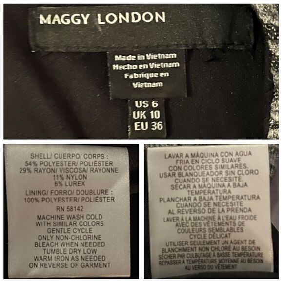 Maggy London Stripe Silver Metallic Shift Dress Balloon Sleeves Grey Black 6 - Picture 10 of 11
